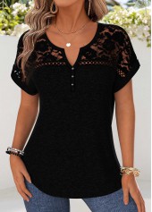 Schwarze Rotita-Patchwork-Bluse mit geteiltem Ausschnitt und kurzen Ärmeln
