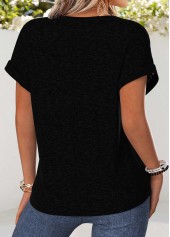 Black tops,Plain Color tops,ROTITA Patchwork Black Split Neck Short Sleeve Blouse
