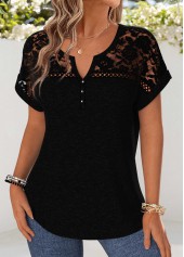 Black tops,Plain Color tops,ROTITA Patchwork Black Split Neck Short Sleeve Blouse