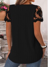 Black tops,Plain Color tops,ROTITA Pleated Black Square Neck Short Sleeve Blouse