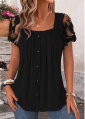 Black tops,Plain Color tops,ROTITA Pleated Black Square Neck Short Sleeve Blouse