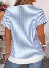 Blue tops,Striped tops,Geometric tops,ROTITA Fake 2in1 Striped Blue Split Neck T Shirt