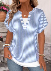 ROTITA Fake 2in1 Striped Blue Split Neck T Shirt
