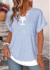 Blue tops,Striped tops,Geometric tops,ROTITA Fake 2in1 Striped Blue Split Neck T Shirt