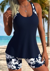 Blue swimwear,Floral swimwear,Plants swimwear,ROTITA Blue Tummy Coverage Floral Print Mid Waisted Tankini Set