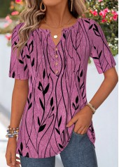 ROTITA Curved Hem Leaf Print Red Split Neck T Shirt