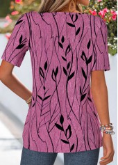 Dark Reddish Purple tops,Plants tops,ROTITA Curved Hem Leaf Print Red Split Neck T Shirt