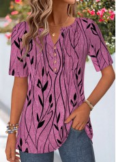 Dark Reddish Purple tops,Plants tops,ROTITA Curved Hem Leaf Print Red Split Neck T Shirt