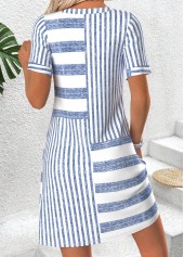 Blue dresses,Striped dresses,Geometric dresses,Everyday dresses,Casual dresses,ROTITA Blue Striped Short Split Neck Dress