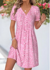 ROTITA Pink Geometric Print Tuck Stitch Short V Neck Dress