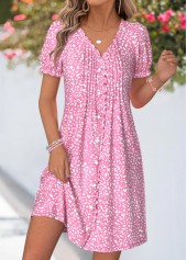 Pink dresses,Geometric dresses,Vacation dresses,Vacation dresses,ROTITA Pink Geometric Print Tuck Stitch Short V Neck Dress