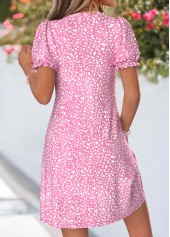 Pink dresses,Geometric dresses,Vacation dresses,Vacation dresses,ROTITA Pink Geometric Print Tuck Stitch Short V Neck Dress