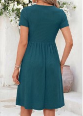 Turquoise dresses,Plain Color dresses,Everyday dresses,Casual dresses,ROTITA Turquoise Patchwork Heart Collar Short Sleeve Dress