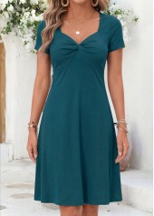 Turquoise dresses,Plain Color dresses,Everyday dresses,Casual dresses,ROTITA Turquoise Patchwork Heart Collar Short Sleeve Dress