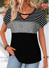 ROTITA Striped Black Round Neck Short Sleeve T Shirt