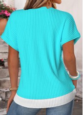Blue tops,Plain Color tops,ROTITA Fake 2in1 Blue Split Neck Short Sleeve T Shirt