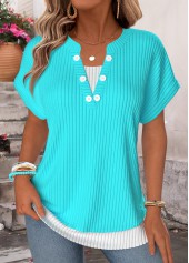 ROTITA Fake 2in1 Blue Split Neck Short Sleeve T Shirt