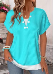 Blue tops,Plain Color tops,ROTITA Fake 2in1 Blue Split Neck Short Sleeve T Shirt