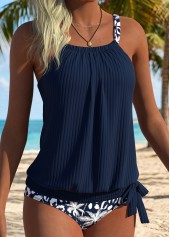 ROTITA Navy Blouson Tropical Plants Print Mid Waisted Tankini Set