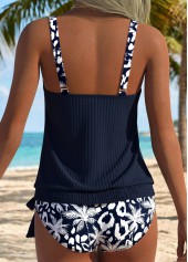Navy swimwear,Plants swimwear,ROTITA Navy Blouson Tropical Plants Print Mid Waisted Tankini Set