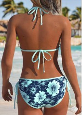 Navy swimwear,Floral swimwear,Plants swimwear,ROTITA Navy Lace Up Floral Print Mid Waisted Bikini Set