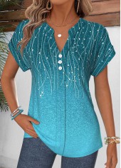 ROTITA Patchwork Leaf Print Cyan Split Neck Short Sleeve Blouse