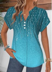 Cyan tops,Plants tops,ROTITA Patchwork Leaf Print Cyan Split Neck Short Sleeve Blouse