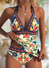 ROTITA Beige Lace Up Random Floral Print Tankini Set