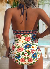 Beige swimwear,Plants swimwear,Floral swimwear,ROTITA Beige Lace Up Random Floral Print Tankini Set
