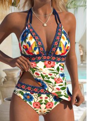 Beige swimwear,Plants swimwear,Floral swimwear,ROTITA Beige Lace Up Random Floral Print Tankini Set