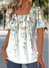 Multi Color tops,Floral tops,Plants tops,ROTITA Pleated Floral Print Multi Color Square Neck Blouse