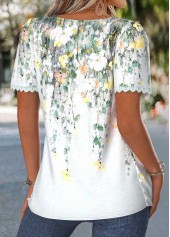 Multi Color tops,Floral tops,Plants tops,ROTITA Pleated Floral Print Multi Color Square Neck Blouse