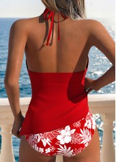 Red swimwear,Floral swimwear,Plants swimwear,ROTITA Red Lace Up Floral Print Mid Waisted Tankini Set