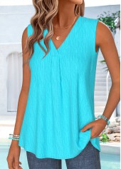 Cyan tops,Plain Color tops,ROTITA Curved Hem Cyan V Neck Sleeveless Tank Top