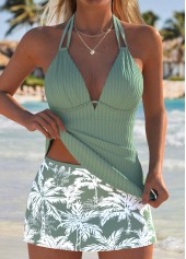 ROTITA Sage Green Drawstring Tropical Plants Print Tankini Set