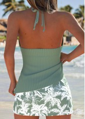 Sage Green swimwear,Plants swimwear,ROTITA Sage Green Drawstring Tropical Plants Print Tankini Set