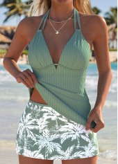 Sage Green swimwear,Plants swimwear,ROTITA Sage Green Drawstring Tropical Plants Print Tankini Set