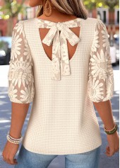 ROTITA Bowknot Beige Round Neck Half Sleeve T Shirt