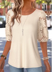 Beige tops,Plain Color tops,ROTITA Bowknot Beige Round Neck Half Sleeve T Shirt