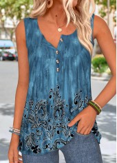 ROTITA Patchwork Tribal Print Peacock Blue Round Neck Tank Top