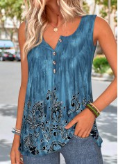 Peacock Blue tops,Tribal tops,ROTITA Patchwork Tribal Print Peacock Blue Round Neck Tank Top