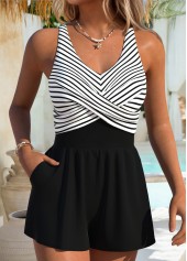 Black swimwear,Striped swimwear,Geometric swimwear,ROTITA Black Criss Cross Striped One Piece Swimwear