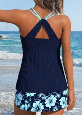 Navy swimwear,Floral swimwear,Plants swimwear,ROTITA Navy Lace Up Floral Print Mid Waisted Tankini Set