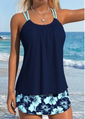Navy swimwear,Floral swimwear,Plants swimwear,ROTITA Navy Lace Up Floral Print Mid Waisted Tankini Set
