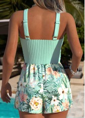 Mint Green swimwear,Floral swimwear,Plants swimwear,ROTITA Mint Green Fake 2in1 Floral Print One Piece Swimwear
