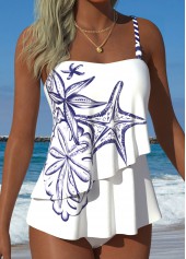 ROTITA White Layered Marine Life Print Mid Waisted Tankini Set