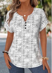 Bluse mit Bauchbedeckung geometrischem Muster rohem Weiß V-Ausschnitt