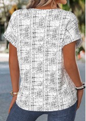 Raw white tops,Geometric tops,ROTITA Tummy Coverage Geometric Print Raw White Split Neck Blouse