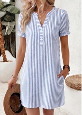 ROTITA Blue Striped Double Side Pockets Short Split Neck Dress