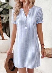 Blue dresses,Striped dresses,Geometric dresses,Everyday dresses,Casual dresses,ROTITA Blue Striped Double Side Pockets Short Split Neck Dress